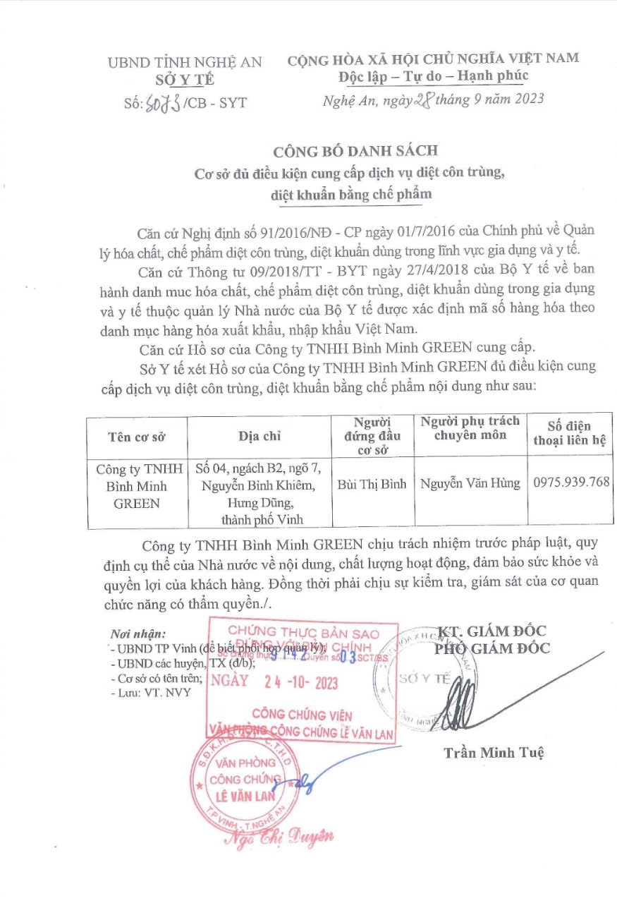 Bản công bố danh sách cơ sở đủ điều kiện cung cấp dịch vụ diệt côn trùng